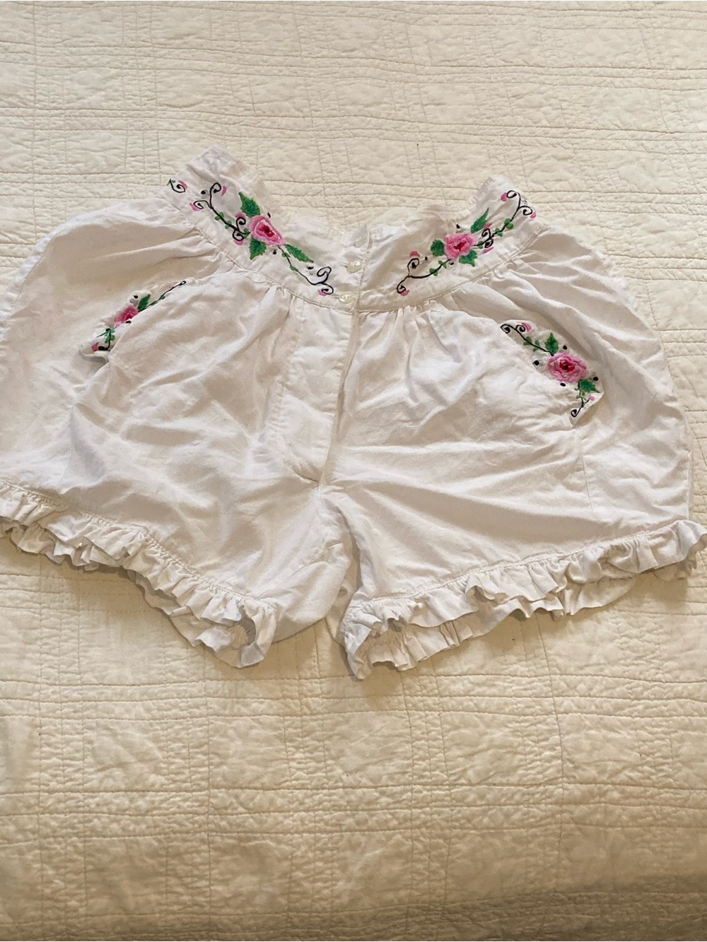 Vintage Karavan White Embroidered Ruffle Hem Girls' Shorts with Pink Flowers